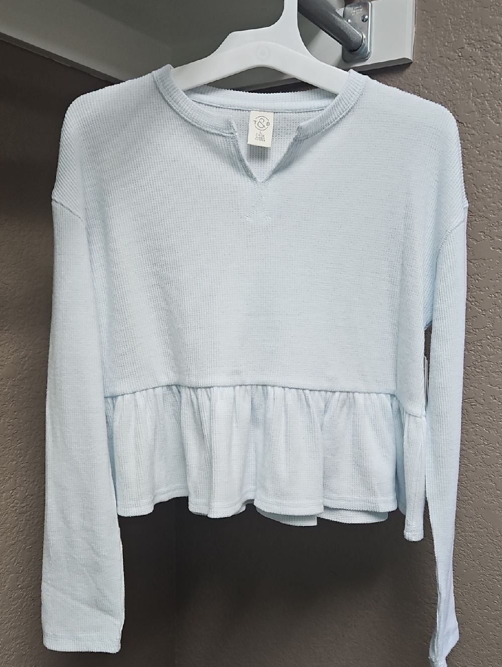 Light Blue Ruffle Hem Long-Sleeve Top
